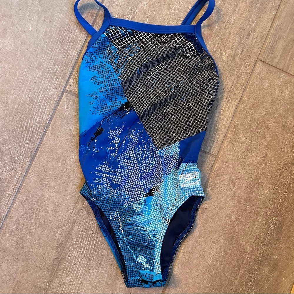 SPEEDO Endurance+ One Piece Swimsuit Kids Size 8/24 Blue with Black and White